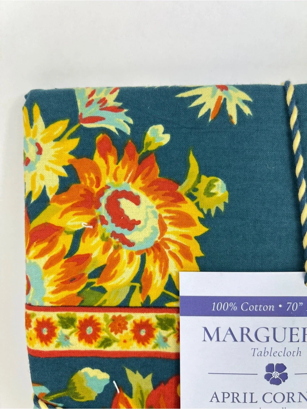 April Cornell Marguerite Floral Tablecloth Teal Yellow Orange 70